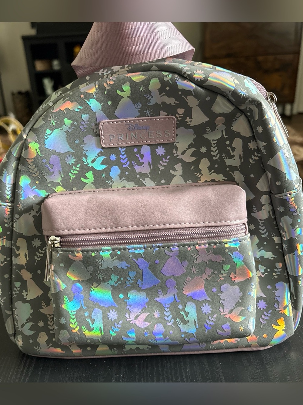 Disney Princess Holographic Grey Mini Backpack with Light Purple Trim NWT